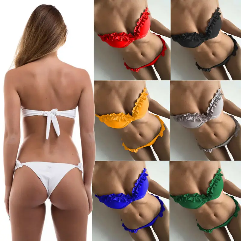 

Ladies Lace Strapless Bikini Set Swimwear Padded Swimsuit Beachwear Bathing Suit Lace Solid Color Beach Wear