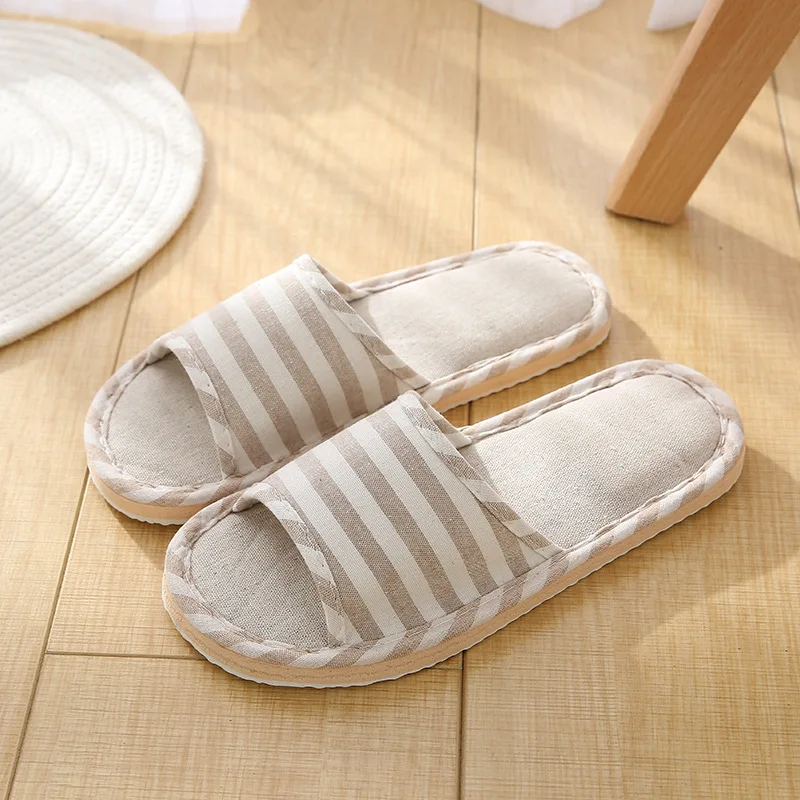 2024 Summer New Striped Slippers Casual Soft Non-Slip Foam Bottom Indoor Flip Flops Couple Linen Home Shoes 6