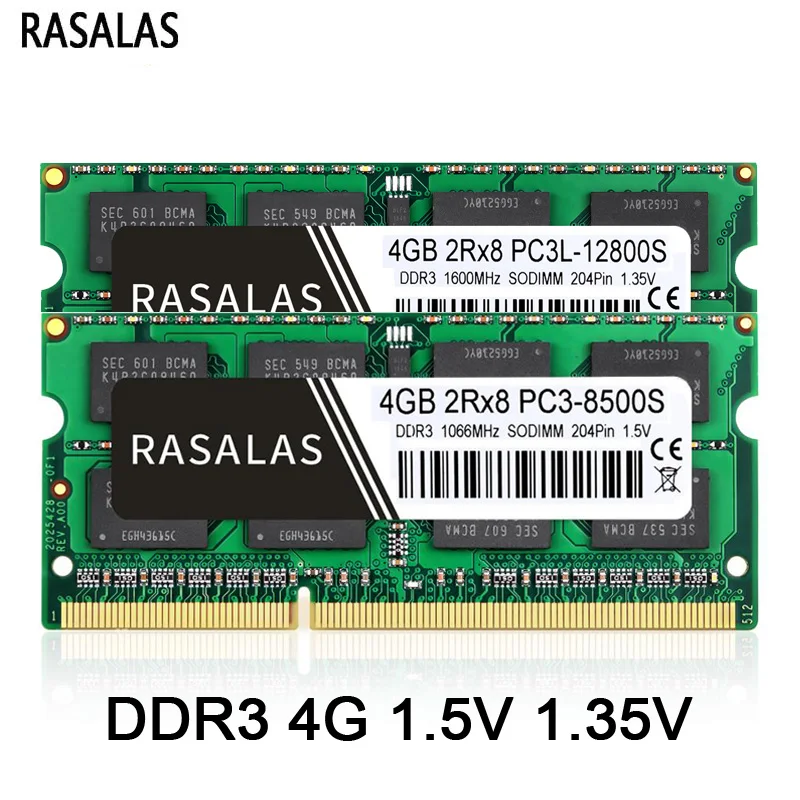 

Rasalas Memory RAM DDR3 4G Laptop 1066 1333 1600MHz SODIMM 1.5V 1.35V 204pin PC3 8500s 10600 12800 Memoria Ram for DDR3