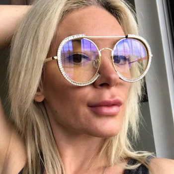 

Luxury Diamond Round Sunglasses Women Vintage Brand Designer Transparent Glasses Oversized Shades Sunglasses Trendy