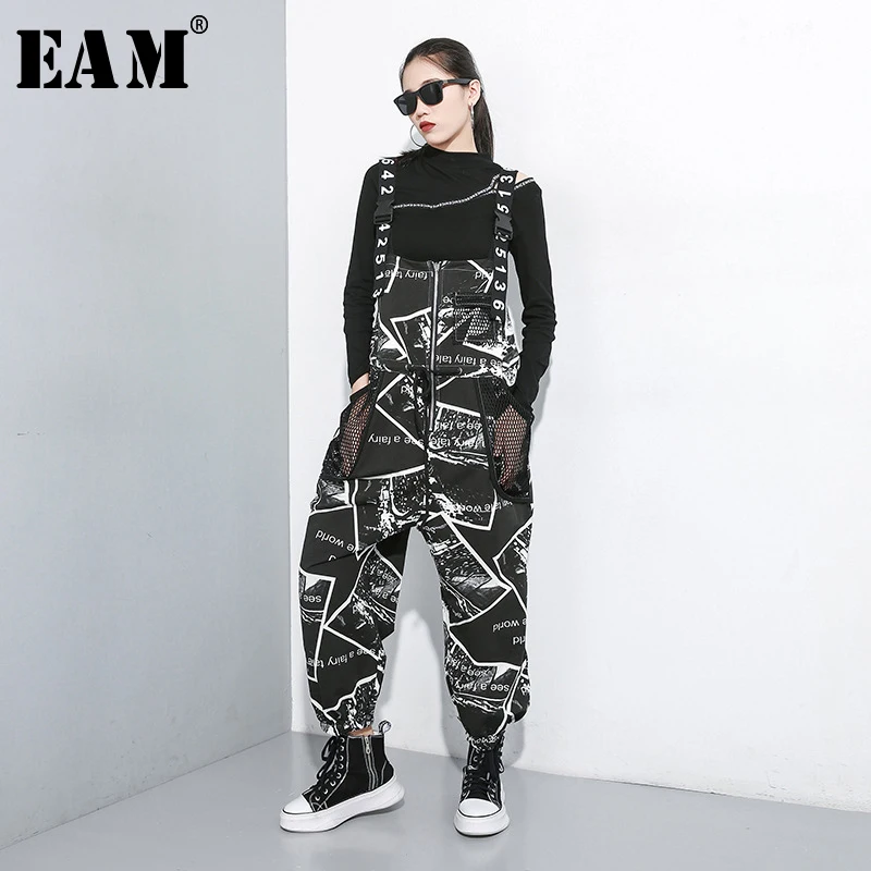 [EAM] высокая эластичная резинка на талии с рисунком, повседневные брюки, новые свободные брюки, женские модные весенне-осенние 2019 1A832