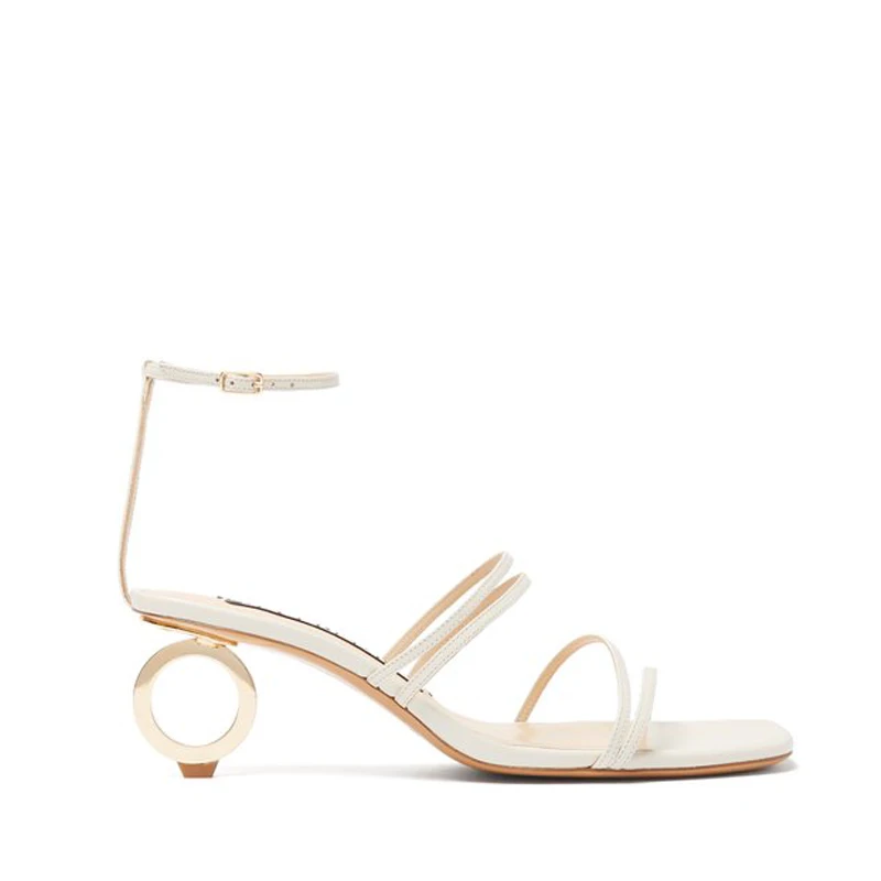 

Luxury Designer Strange Heels Party Sandals Women 2019 Summer High Heels Sandals Cork Ball Metal Ring Heels Ankle Strap Shoes