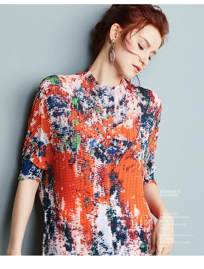 MIYAKE плиссированная футболка женская летняя новая Цветочная свободная футболка средней длины с рукавом средней длины