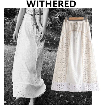 

Withered england indie folk vinatge hollow out embroidery elegant midi skirt women faldas mujer moda 2020 long skirts womens