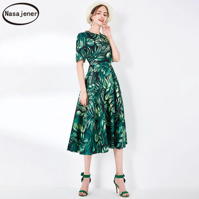 

Spring / Summer 2020 New Fashion Runway Sicilian Jungle Print Round Neck Short Sleeve High Waist Big Swing Female Mid-Long Dress