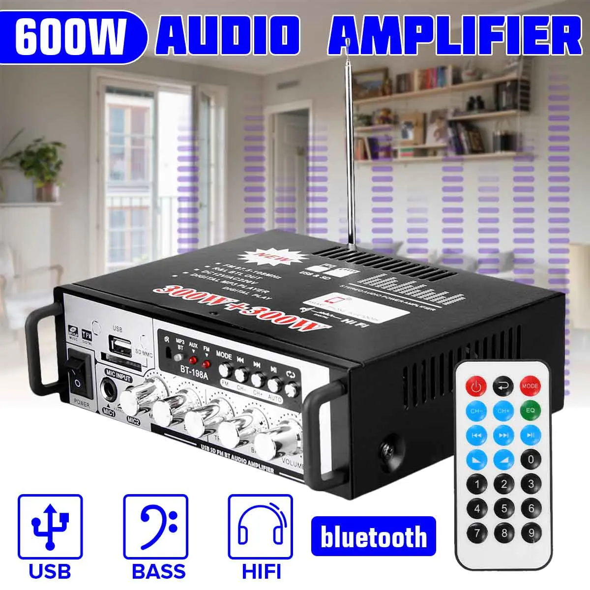 

600W 12V amplificador Mini Audio Power Amplifier Subwoofer Professional bluetooth Amplifier for Car Home USB FM Music Player
