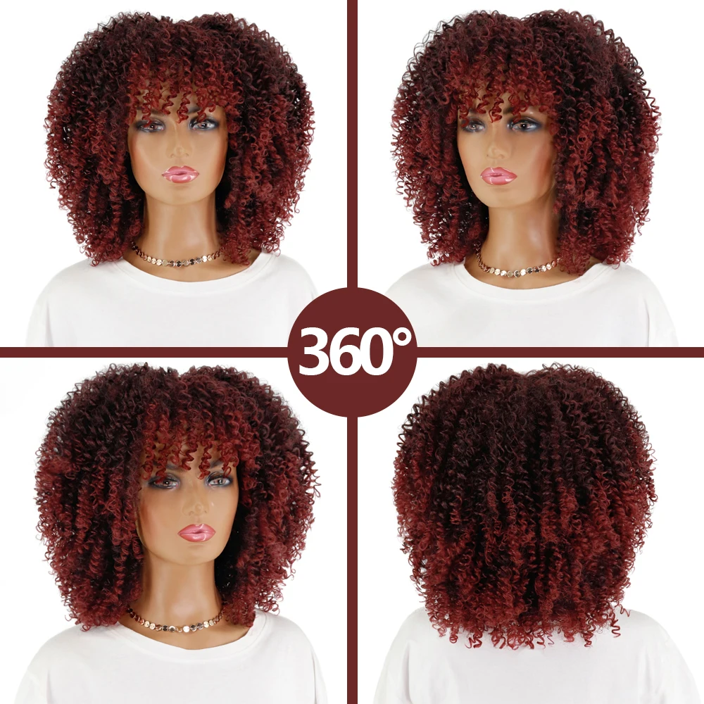 LINGHANG Short Hair Afro Kinky Curly Wigs With Bangs For Black Women African Synthetic Omber Glueless Cosplay Wigs Gradient Hair