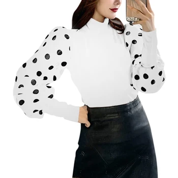 

Women Spring Mesh Puff Long Sleeve Ribbed Knitted Shirt Elegant Turtleneck Loose Casual Polka Dots Blouse Tops Party Clubwear