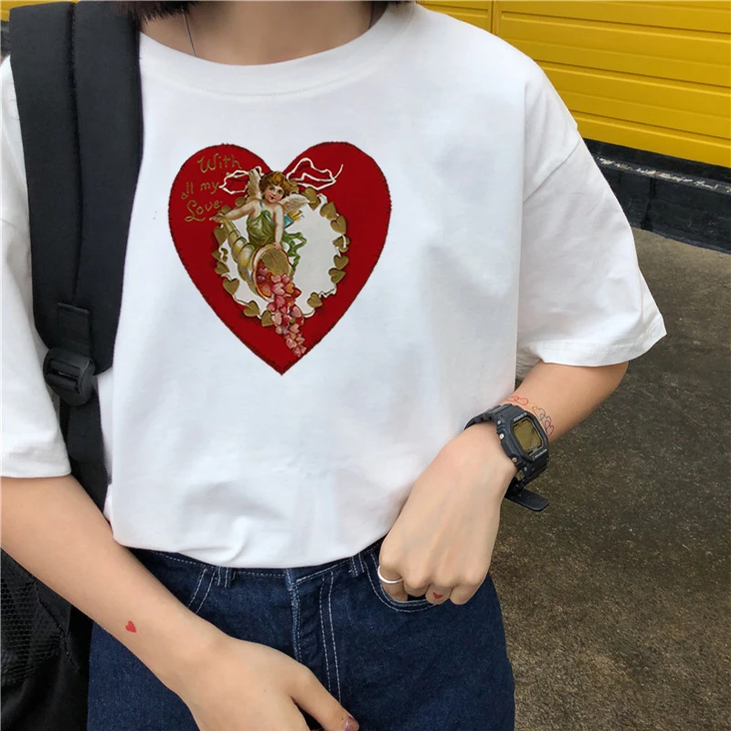 Новая летняя футболка Harajuku короткий рукав Футболка с милым ангелом в стиле ретро с принтом Амура Красивая свободная белая футболка с