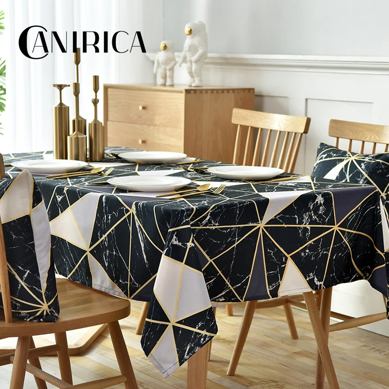 CANIRICA Table Cloth Linen Tablecloth Geometric Dinning Table Cover Black Gold Nappe De Table Recta