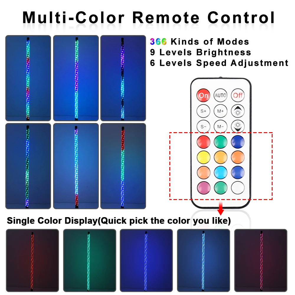 2Pcs 3FT LED Whip Light RGB Waterproof Bendable