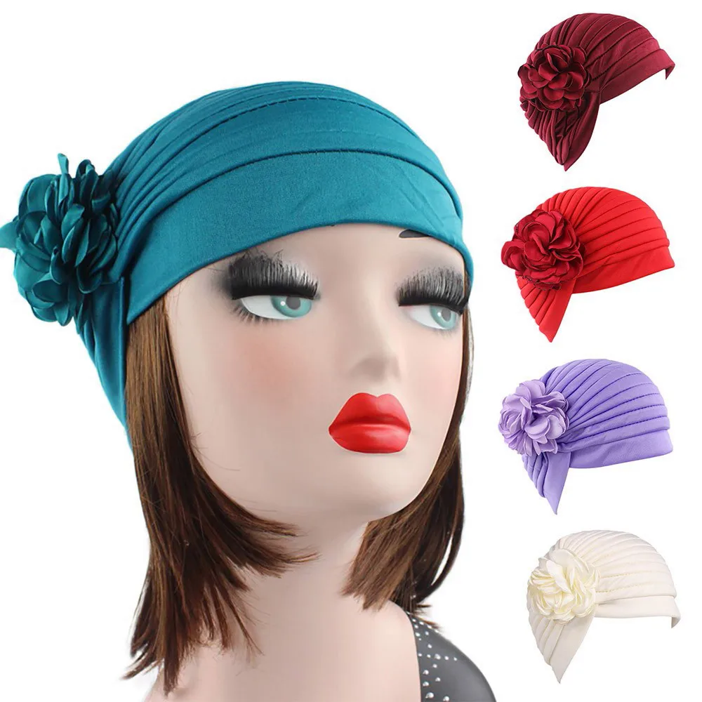 Female Soft Head Wrap Cap Messy Bun Hats Casual Women India Muslim Stretch Retro Solid Floral Turban Hat Head Scarf Wrap Cap