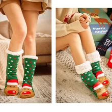 Модные рождественские носки для девочек и женщин; теплые плюшевые Носки с рисунком; толстые Нескользящие хлопковые носки-тапочки; подарки для середины зимы