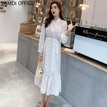 

WAVSIYIER midi dress women spring autumn long sleeve lace up polka dot high elastic waist elegant party club runway a-line woman