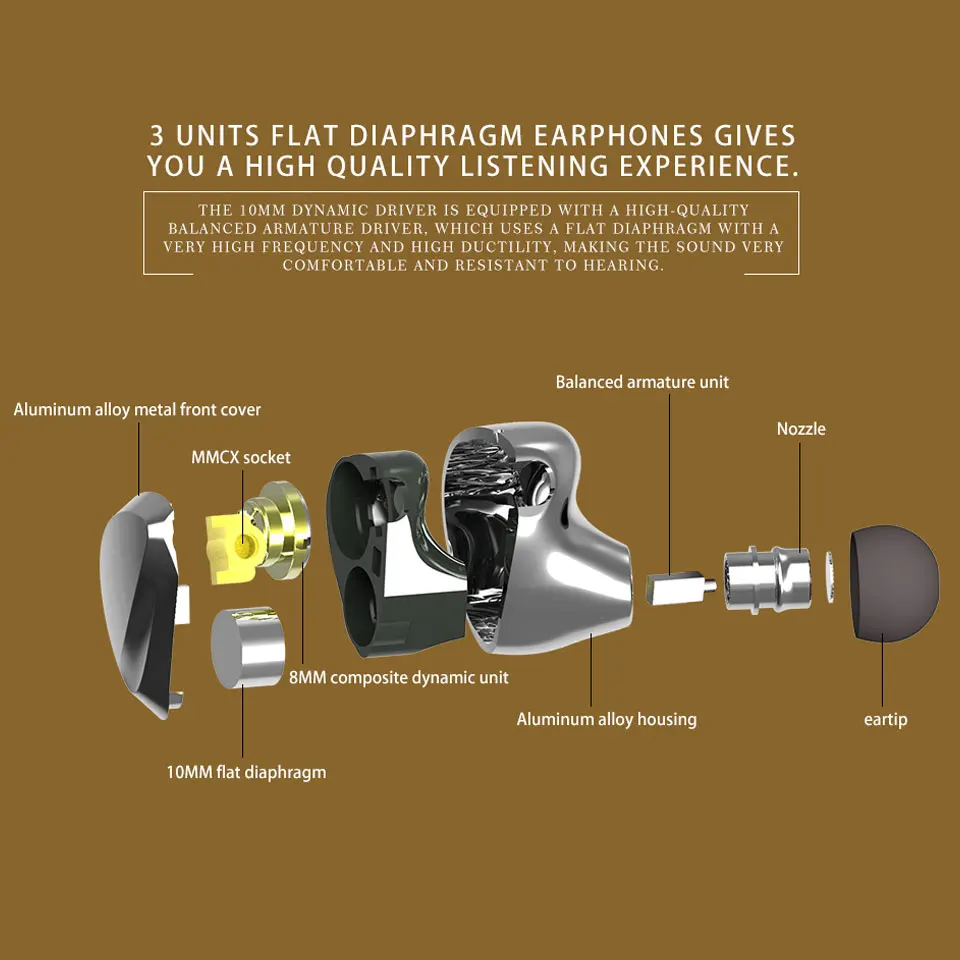 KB EAR TRI I3 In Ear Metal Earphone Dynamic Driver Blanced Armature Driver Unit HIfi Earbuds Music Headset With MMCX Connector