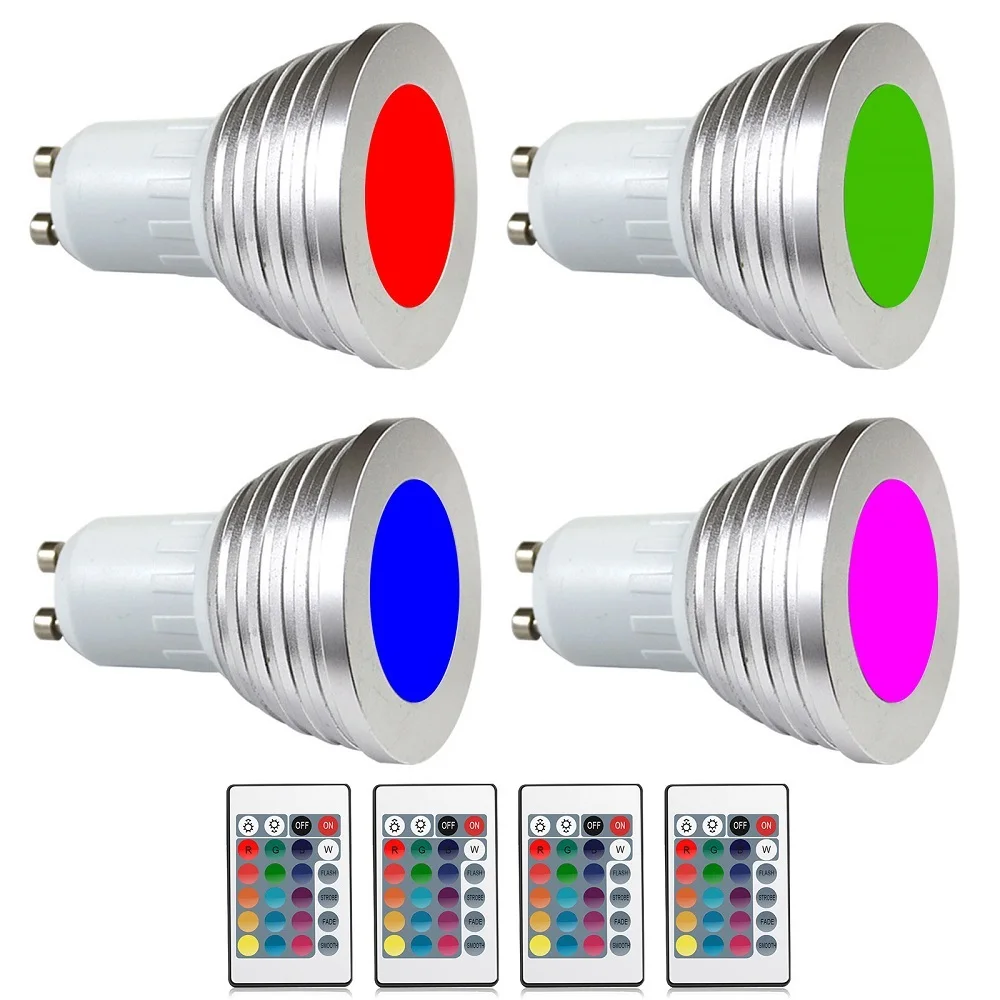 

(4pcs/Lot) RGB LED Light E27 E14 GU10 3W Colorful Changing Magic LED Bulb + IR Remote Control For Home Decoration