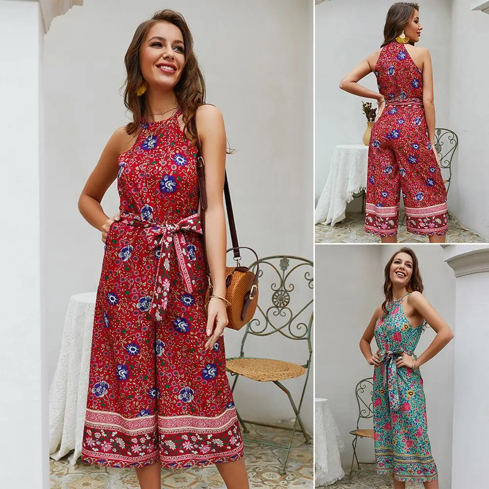Женский комбинезон, женский комбинезон, пляжный, летний, шифон, Halterneck, Boho, модные, вечерние, без рукавов, цветочный принт, на каждый день