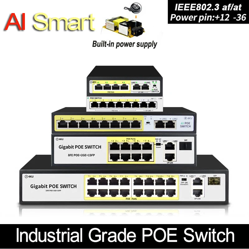 Коммутатор Ethernet с 4 портами, 48 В, POE, IEEE 802,3 af/at, подходит для IP-камер/беспроводных точек доступа/систем видеонаблюдения - изображение