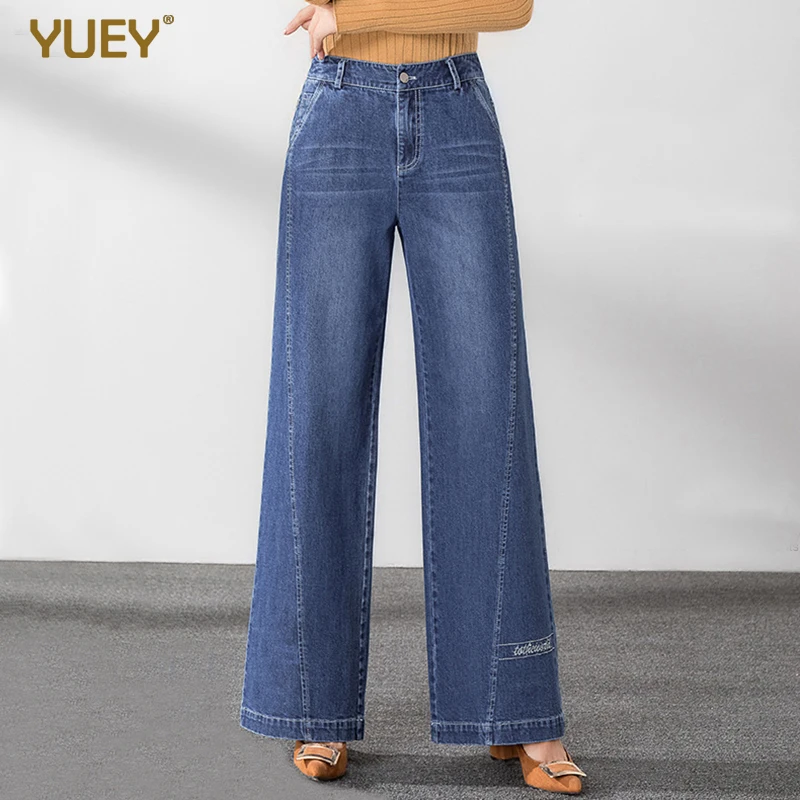 YUEY, Осенние новые женские брюки с высокой талией, большие размеры, широкие джинсы, синие модные удобные повседневные корейские джинсы S до 5XL