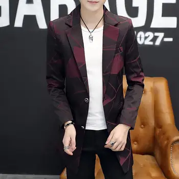

Color Block Long Blazer Men Single Breasted Slim Fit Suits Jackets Mens Casual Trench Coat Spring Autumn Blazer Homme M-3XL