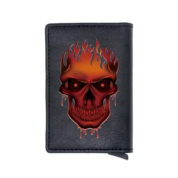 

Vintage Flaming Skull Digital Printing Multifunction Leather Card Holder Wallet Men Women Scary Skeleton Short Money Clip Gift