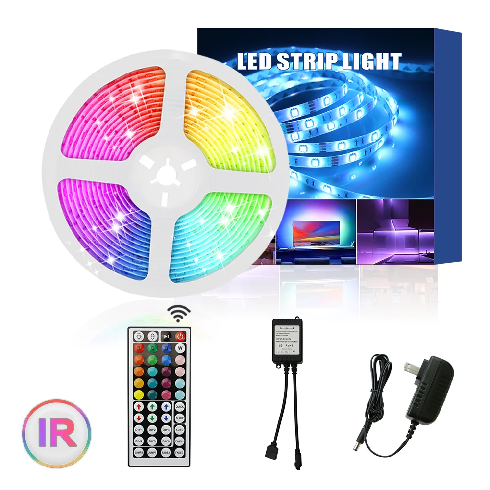

RGB LED Strip Light DC 12V SMD5050 5M RGB Color Changeable Flexible LED Light Tape with Adaptor and 44Key Remote Controller