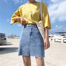 

Women Summer Blue Denim Skirt High Waist A Line Denim Skirts New Solid Casual Pockets Button All-matched High Street Jeans Skirt