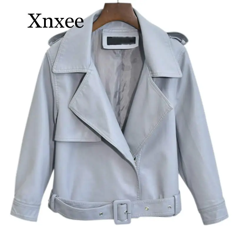 Women Leather Jacket Loose Long Sleeve Short Girls Beige Jackets Motorcycle Faux Leather PU Coat Streetwear Ladies Tops blue pinkyisblack faux leather jackets women short motorcycle jacket women plus size 4xl casual womens leather jackets and coats