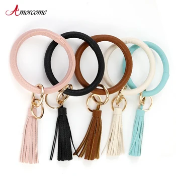 

Amorcome Multiful Tassel Circle Wristlet Keychain Bangles 2019 Fashion Charm Leather Key chain for Women Girls Jewelry