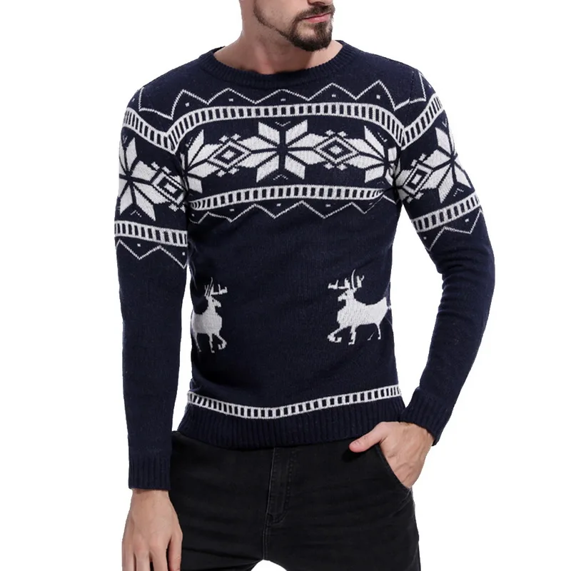 Мужской Повседневный свитер с круглым вырезом, осенне-зимний Рождественский пуловер с принтом оленя, вязаный джемпер, рождественские свитера, облегающая мужская одежда - Цвет: C
