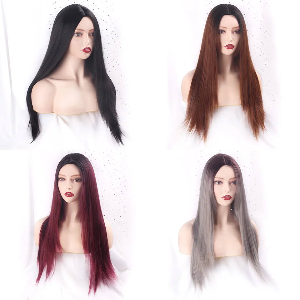 TALESHE Black Long Straight Synthetic Wigs for White /Black Women Middle Part Ombre Brown Gray Red Natural African American