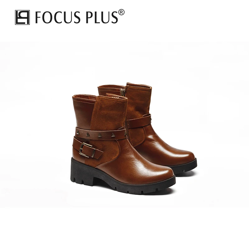 Focusplus однотонные кожаные сапоги на среднем каблуке для зимы в европейском стиле