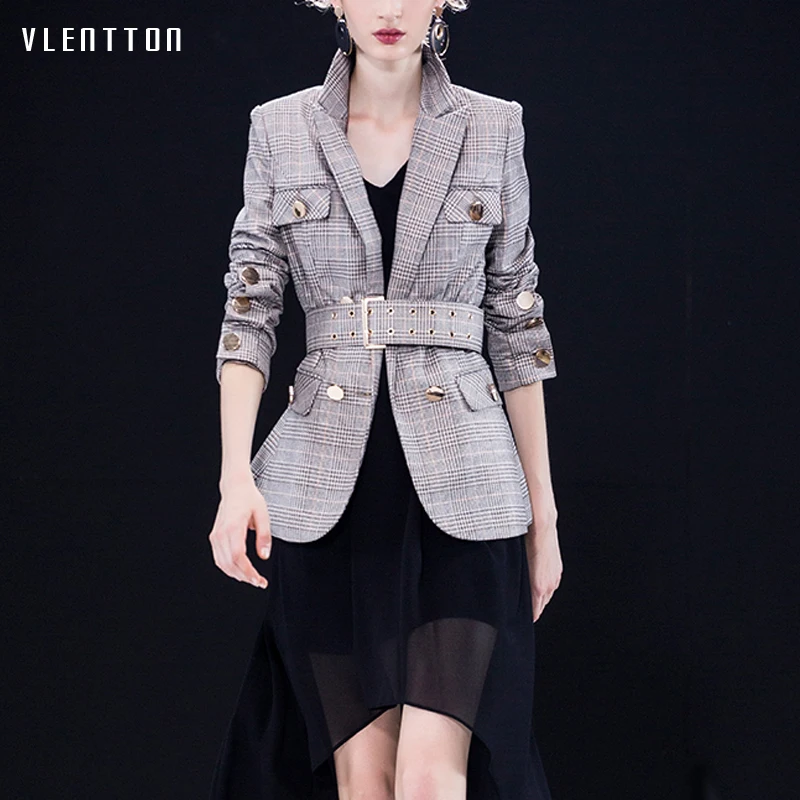 Осенняя винтажная клетчатая Женская куртка, блейзер с длинным рукавом и поясом, двубортные пальто, женская верхняя одежда, элегантные тонкие офисные блейзеры