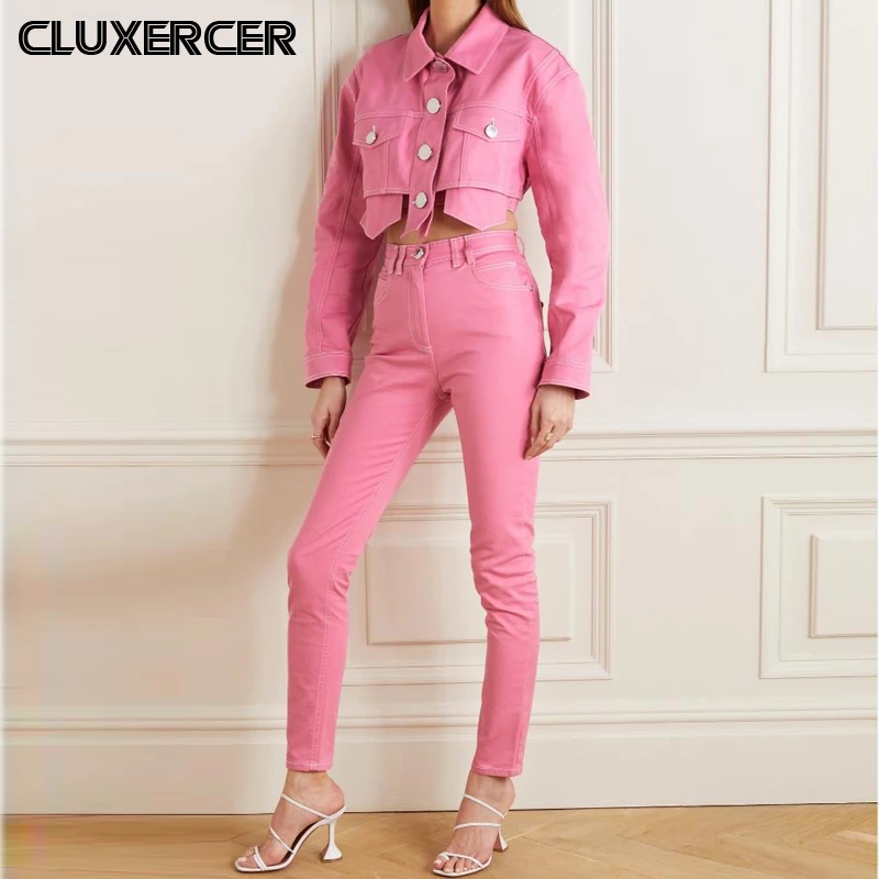 pink denim two piece