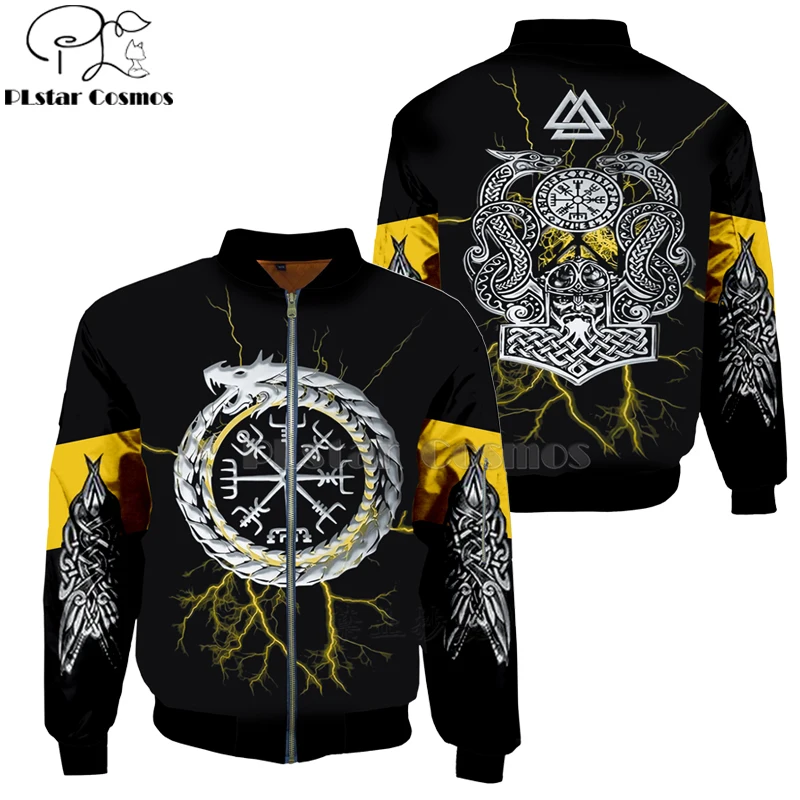 2023 Fashion Men's Bomber jackets Mjolnir Odin Tattoo pattern Funny Printed 3d Zip Long Sleeve Pullover Unisex Zipper jacket