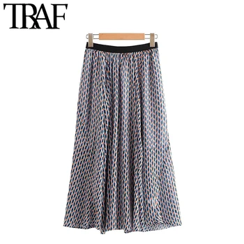 

TRAF Women Chic Fashion Geometric Print Pleated Midi Skirt Vintage Elastic Waist Office Wear Female Skirts Faldas Mujer