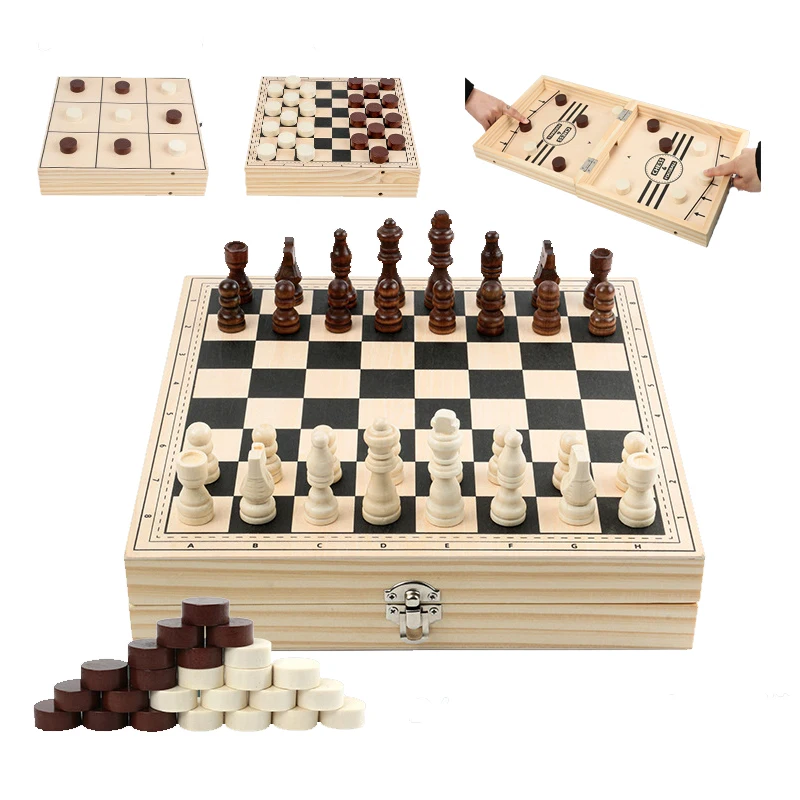 4 In 1 Wooden Chess Set Checkers Tic Tac Toe Sling Puck High Quality Folding Board Game for Children Adult  Educational Learning fast sling puck game tabletop ice hockey board game children s toy competitive entertainment board game for travel camping and