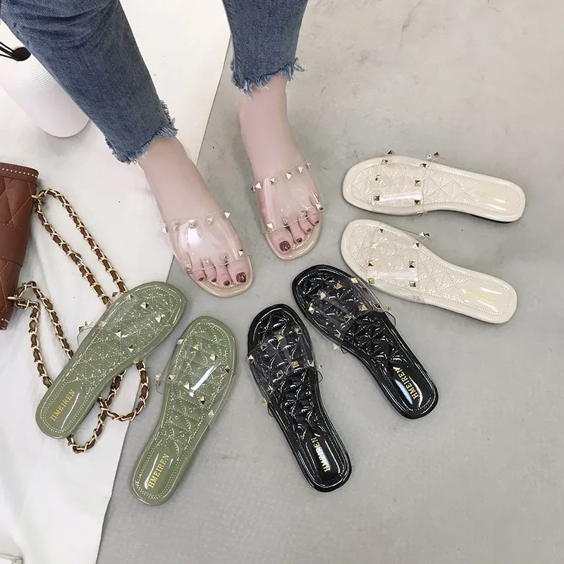 

2019 Spring Summer New Style Transparent CHIC Slipper WOMEN'S Shoes Solid Color Rubber Flat Heel Flat Simple Line-styled Shoes