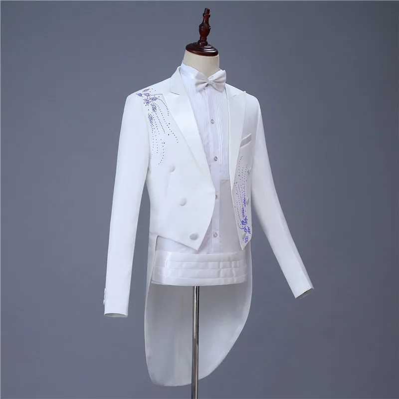 Fashion Men's White Lapel Tuxedo Wedding Groom Stage Singer 2 Piece Set Inlay Diamond Slim Casual Suit Set(Tail jacket+Pant