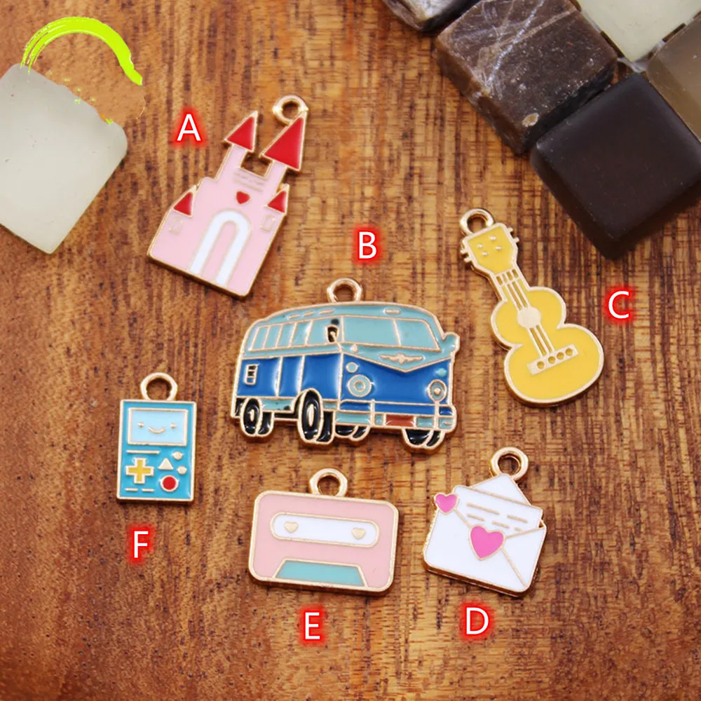 

Lovely Enamel Charms for girls Jewelry making 10pcs Colorful Gold Metal Letter Castel Guitar Bus Charm Pendant Earrings Finding