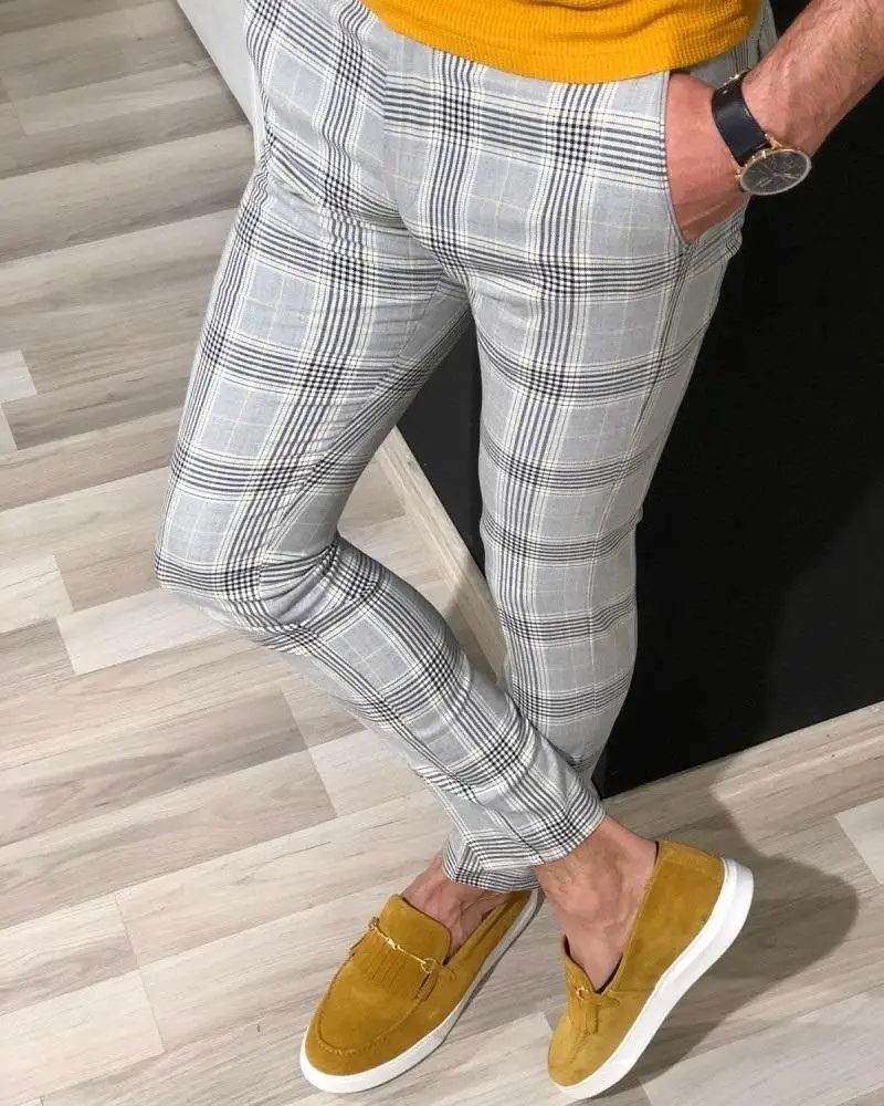 Mens Slim Fit Trousers Check Casual 