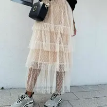 Женская винтажная многослойная фатиновая юбка в горошек, длинные юбки макси, Повседневная Эластичная кружевная юбка с высокой талией для девочек, балетная юбка-пачка для танцев