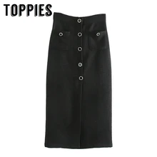 Твидовые юбки с высокой талией зимние женские офисные длинные юбки с разрезом спереди и пуговицами элегантные юбки saia Европейская мода