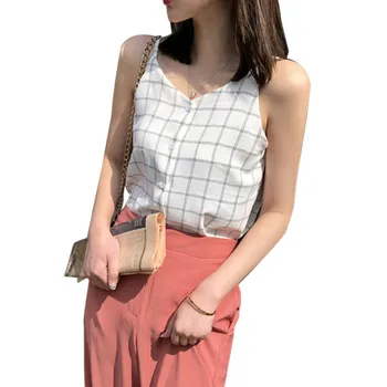 

Casual Simple Loose Blouse Sleeveless Plaid Print Blouse Tank Tops Blouse Summer Women Chiffon Blouse