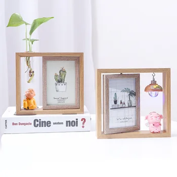 

6 Inch Creative Nordic Photo Frame Swing Table Ins Double-sided Rotating Wooden Photo Frame with Lamp Cartoon Pig Photo Frame