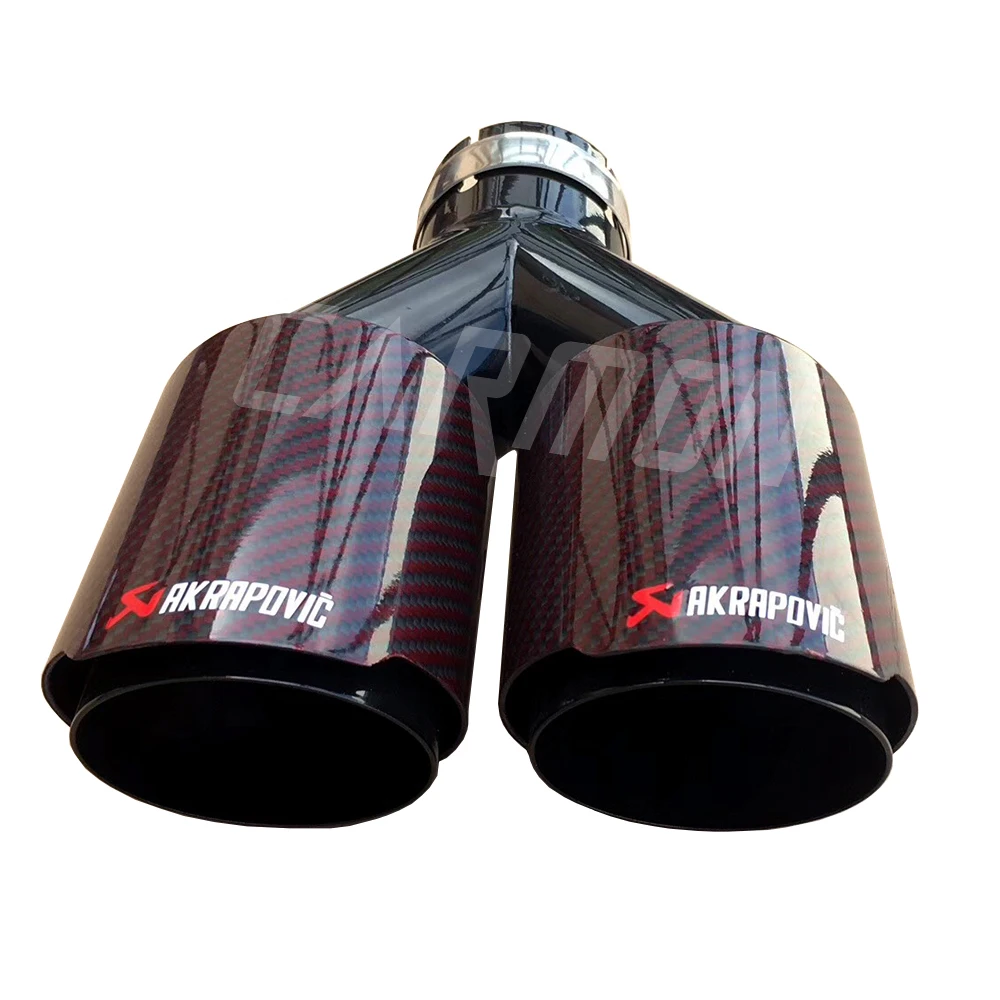 Dual Red Twill Carbon Fiber Akrapovic Universal Auto Exhaust Tip Black Stainless Steel Double End Pipe For Car Accessories