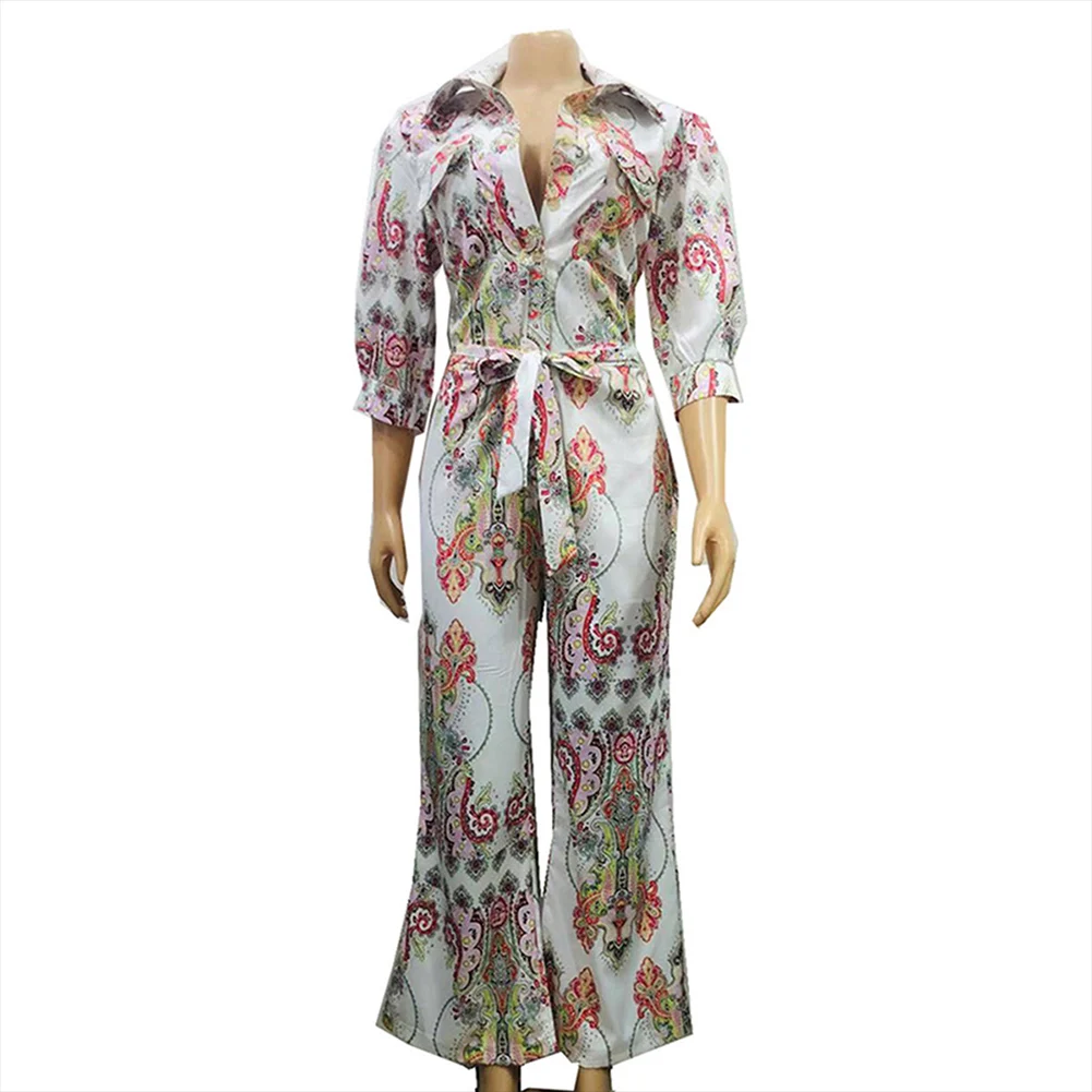 Seluxu Fall Autumn Women Jumpsuit Floral Print Jumpsuit Long Sleeve Turn-down Collar Jumpsuit Sashes Wide Leg Women Romper