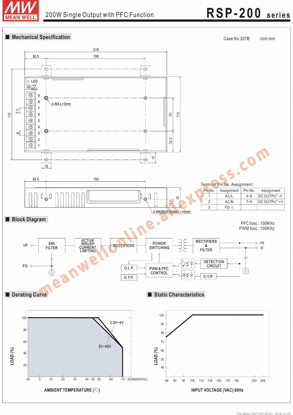 Бренд Mean Well представляет RSP-200 серии meanwell(5В/12В/15 V/24 V/48VDC 200 ватт один Выход с PFC Функция Питание Интернет-магазин
