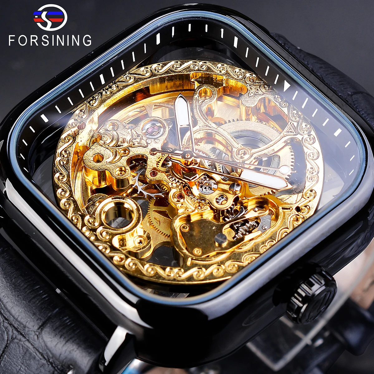 

Forsining Full Black Square Mechanical Watch Men's Automatic Skeleton Analog Genuine Leather Strap Wrist Relogio Clock Dropship
