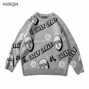 

Harajuku Red Gray Pullovers Sweater for Men Anti War Printed Chinese Peking Opera Mask Oversize Knitted Sweater Clothes Womens